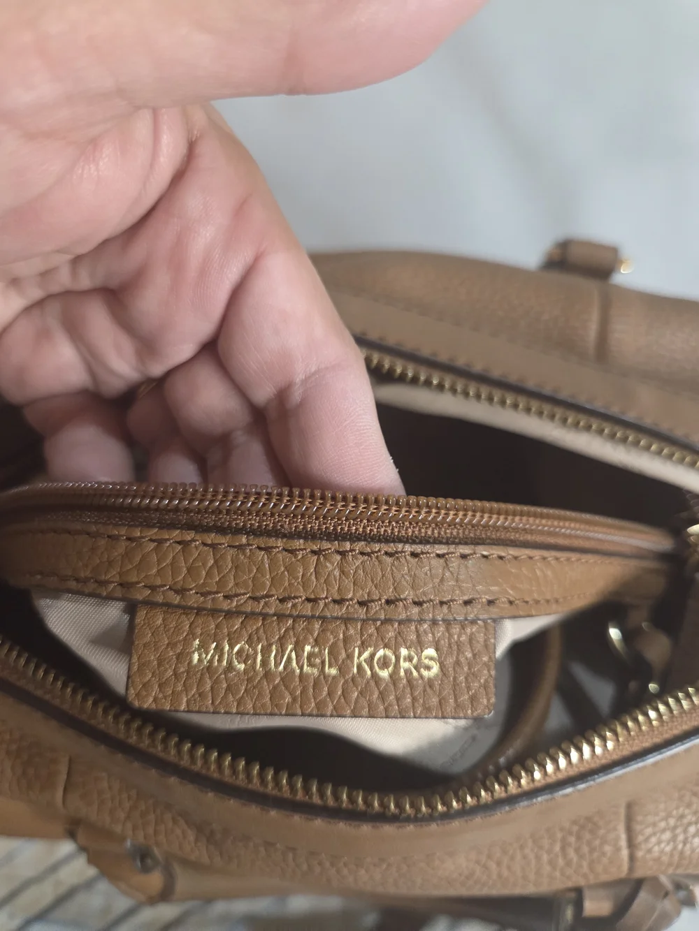 Michael Kors Cognac Pebbled Leather Satchel with Gold Hardware